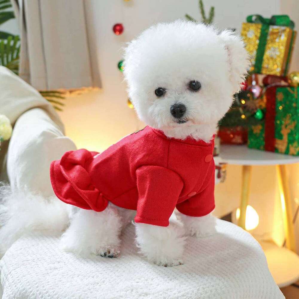 1PC Pet Clothes Dog Cat Autumn Thickened Warm Red Christmas Style Dress H260129