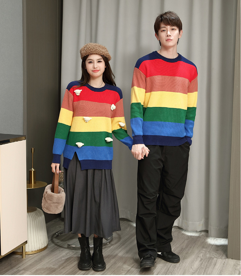 Autumn Rainbow Striped Knitted Sweater for Men Loose Hip Hop Crewneck Knitwear Pull Homme Casual Christmas Jumpers Clothes 240731