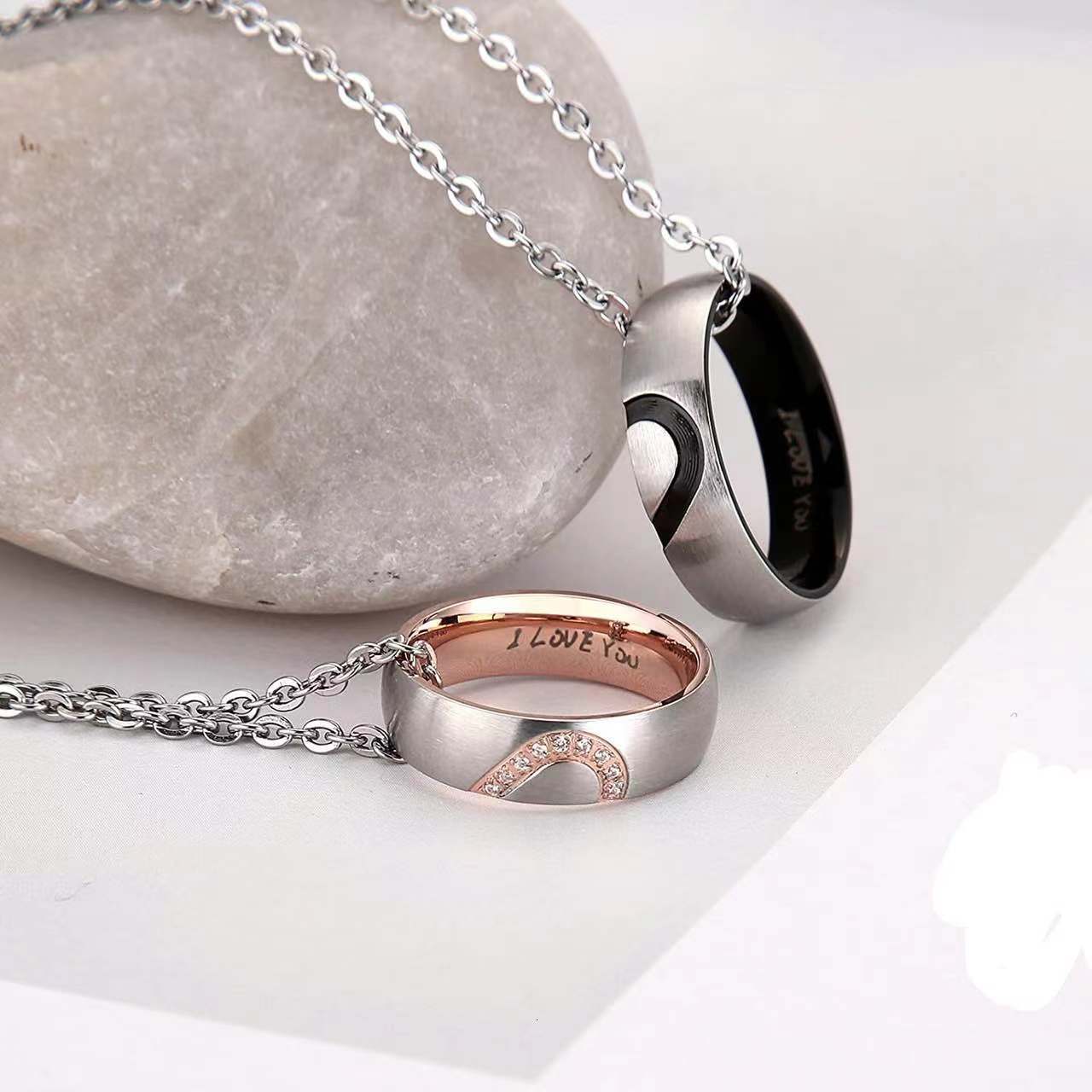 New Style Half Peach Heart Rings Necklace I LOVE YOU Couple Jewelry Source