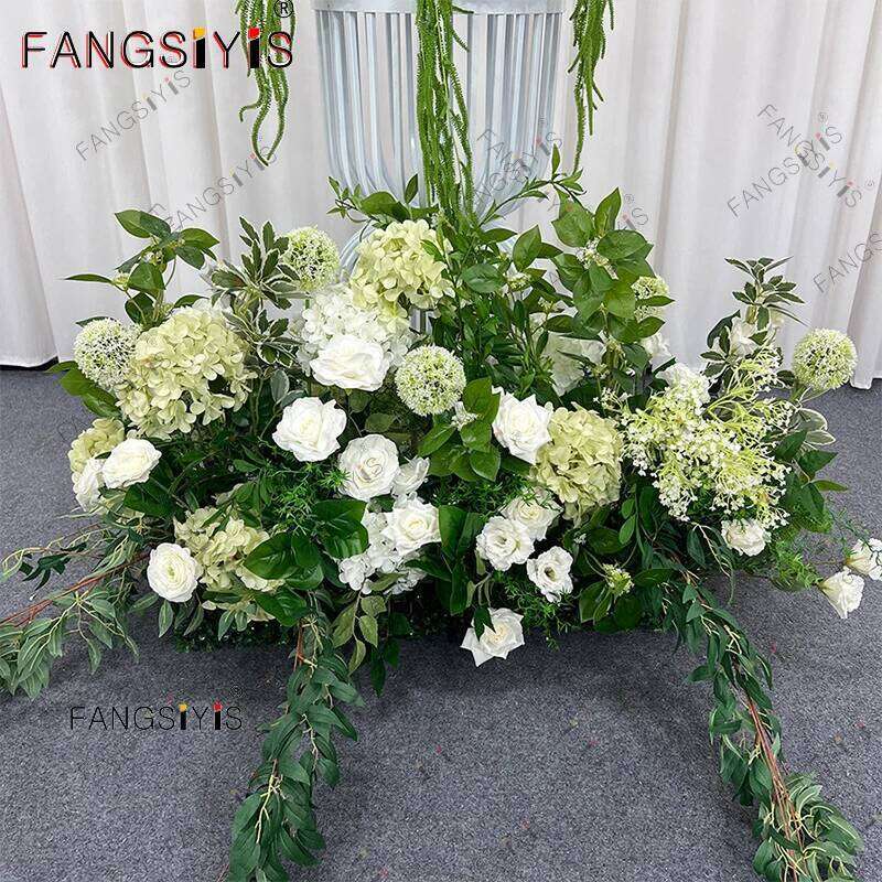 Romantic Green White Hydrangea Rose Wedding Backdrop Flower Runner Decor Floor Floral Row Arrangement Event Party Props Display W260130