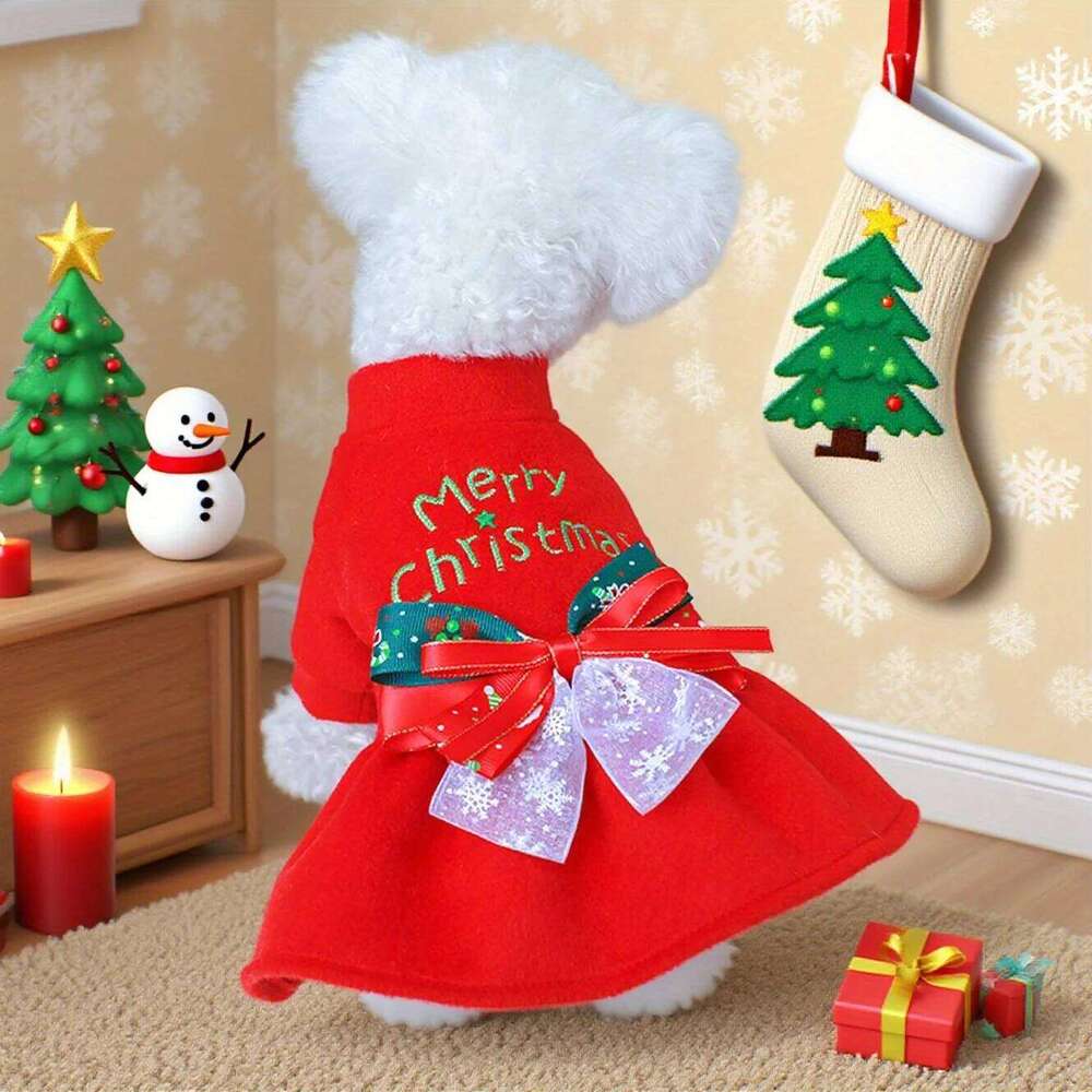 Pet Dog Merry Christmas Dress Gold Embroidery Red Green Checked Bow White Snowflake Transparent Yarn H260130