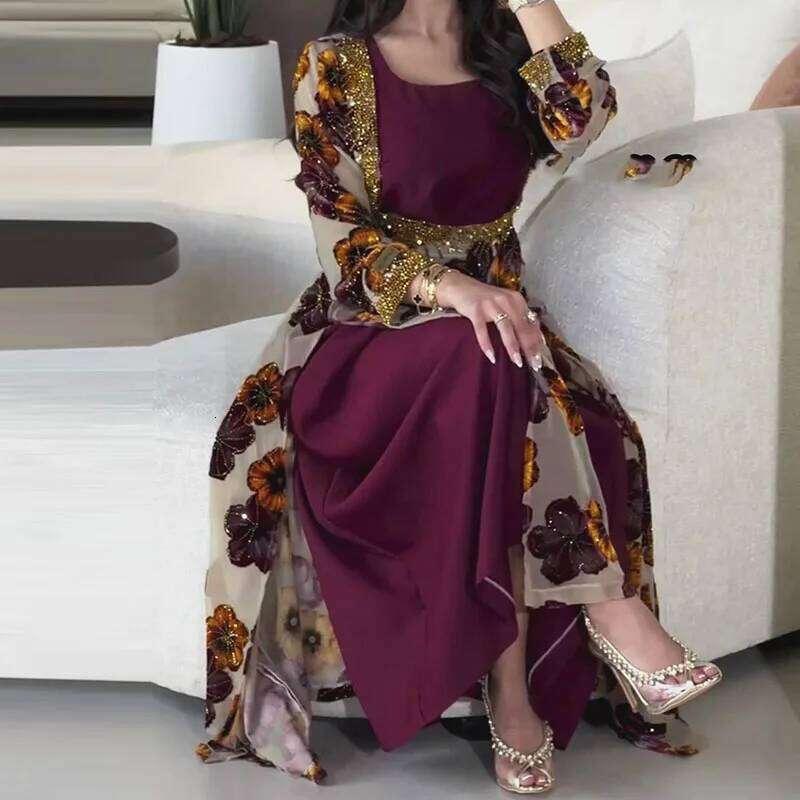 Vintage Floral Print High Waist Banquet Autumn New Long Sleeved Pleated Women's Casual Patchwork Slim Fit Maxi Dress XJ260130