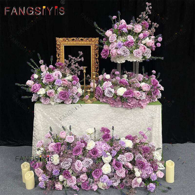 Purple Rose Artificial Flower Row runner NEW Luxury Wedding Table Centerpiece flower ball wreath Backdrop Decor Party Stage prop W260130