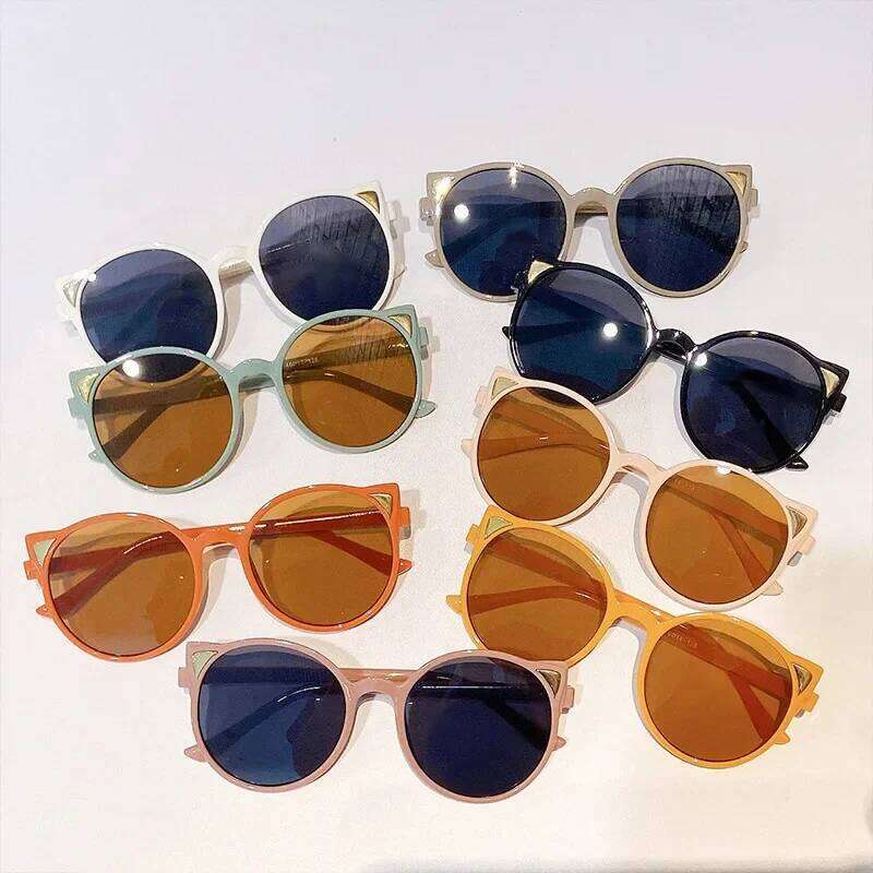 Boys Girls Cute Cat Ear Sunglasses Vintage Travel Outdoor UV-proof Baby Eyewear Children Classic Round Frame Ultralight Glasses H260130