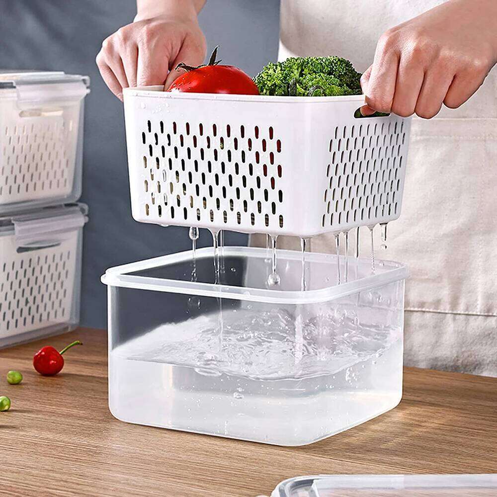Fruit Containers for Fridge with Removable Colander, Airtight Food Storage Container, Dishwasher Safe Produce Saver