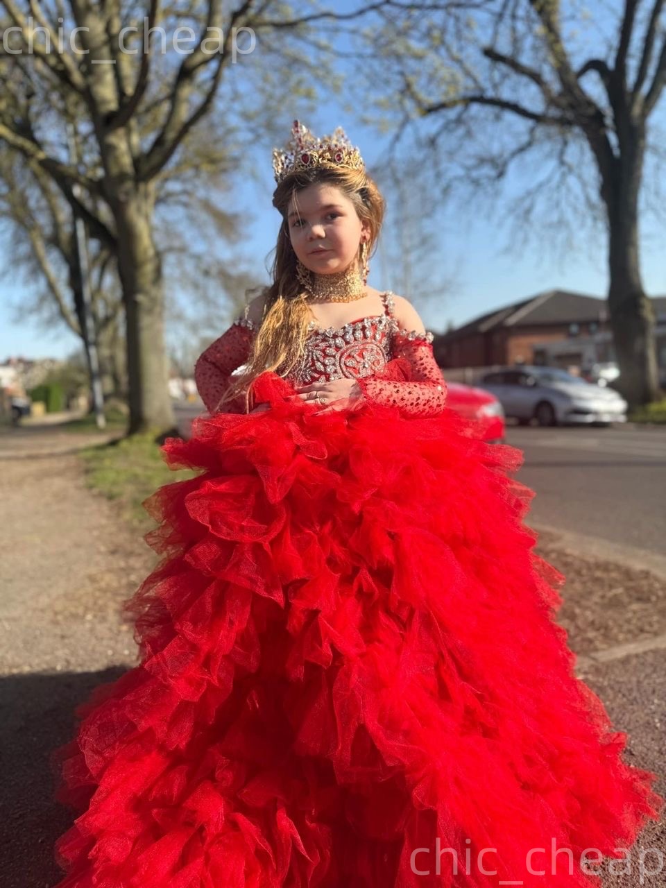 2026 Red Ball Gown Flower Girl Dresses Spaghetti Crystals Tulle Tiers Little Girl Christmas Peageant Birthday Christening Tutu Dress Gowns ZJ4279