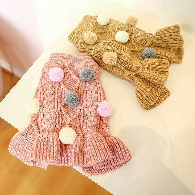 Pink Brown Winter Dog Sweater Skirt Knitwear Soft Warm Ball Cat Clothes Coat Small Yorkie Chihuahua Pet Clothing Puppy Hoodie H260129
