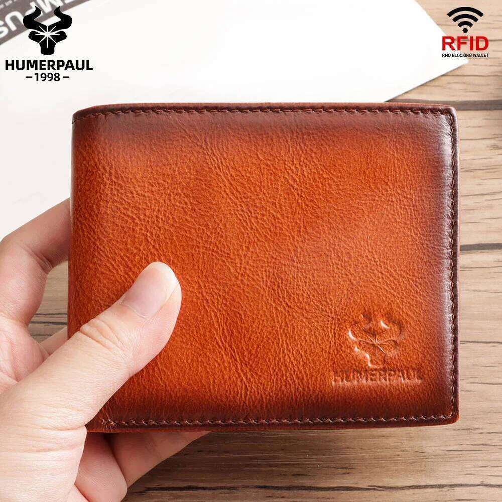HUMERPAUL Wallet for Men Genuine Leather RFID Blocking Bifold Stylish Card Holder Purse with ID Window Classic Male Money Bag Z260130