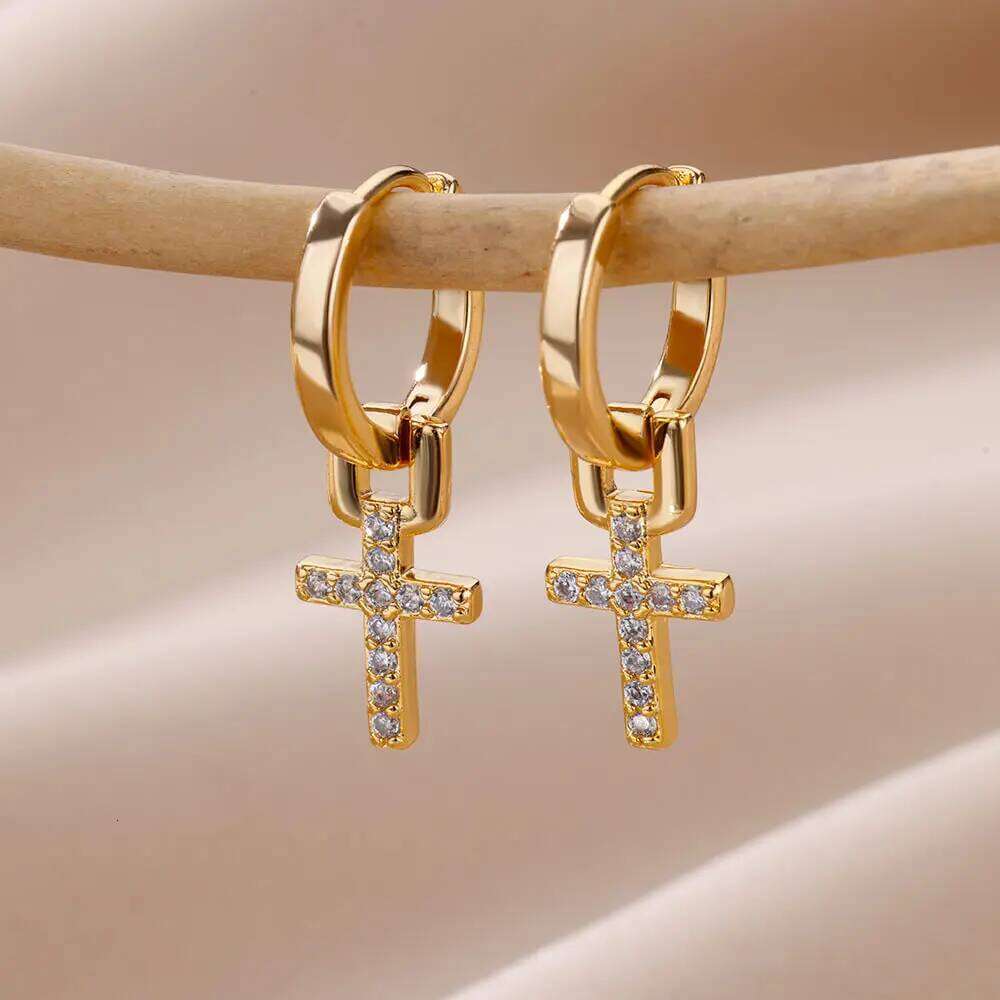 Zircon Dangle Earrings For Women Girls Stainless Steel Cross Earring 2023 Trending Couple Wedding Aesthetic Jewelry aretes