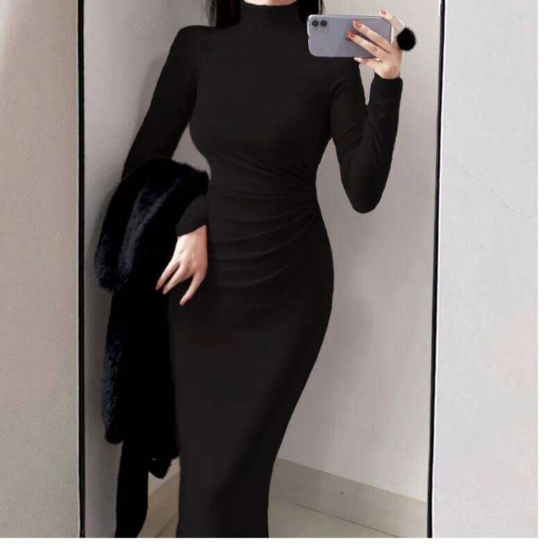 Women's 2024 Spring Autumn New Sexy Fashion Skinny High Neck Solid Color Patchwork Long Sleeved Ruched Wrapped Hip Bottom Dress XJ260130