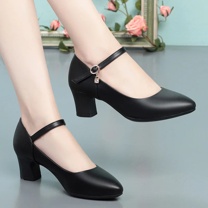 Women Fashion Sweet Red Comfort Buckle Strap Square Heel Pumps Lady Casual Black Pu Leather Office High Heel Shoes Spring Autumn 260123