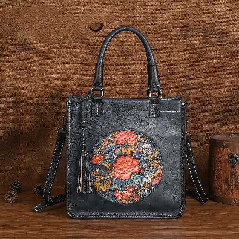 Johnature Chinese Style Retro Embossed Women Bag Genuine Leather New Versatile Real Cowhide Large Capacity Shoulder Bags KABAHEBINGJUE