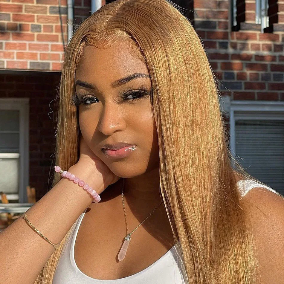 Honey Blonde HD Transparent Lace Front Wigs Human Hair #27 Colored Brazilian Bone Straight Lace Frontal Human Hair Wigs