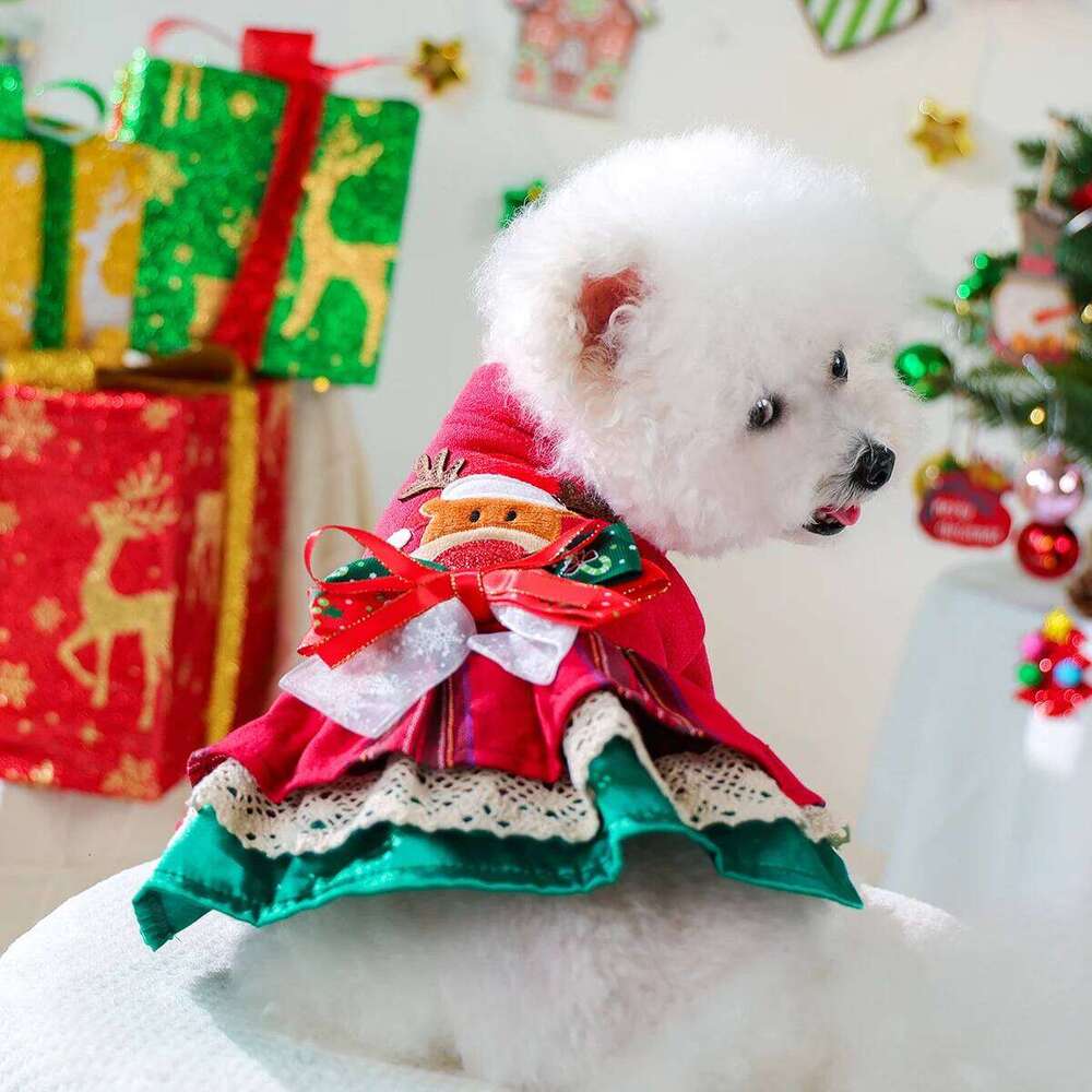 Pet Clothes Snowflake Elk Dress Red Winter Thickened Clothing Christmas Costume with Bow Decoration H260129