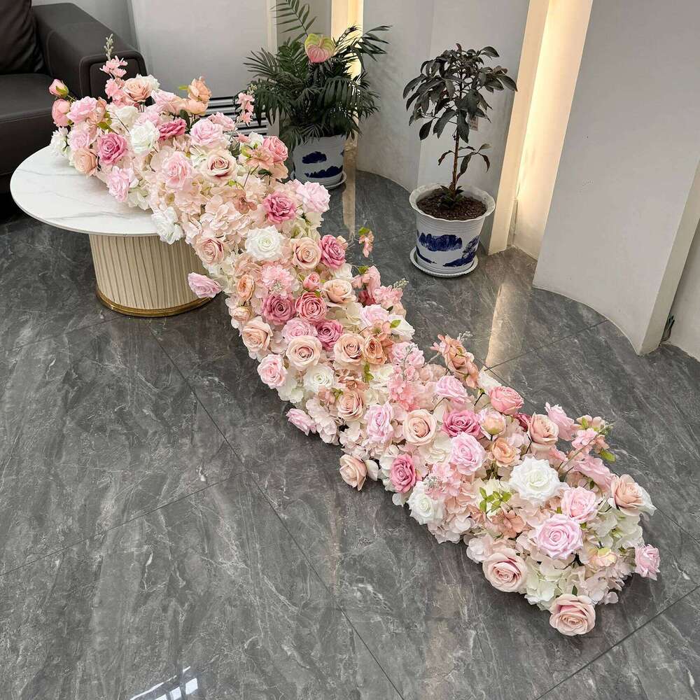 Uflower 100/200cm White Rose Green Leaf Artificial Long Runner Row Flower Wall Wedding Backdrop Decor Event Party Props W260130