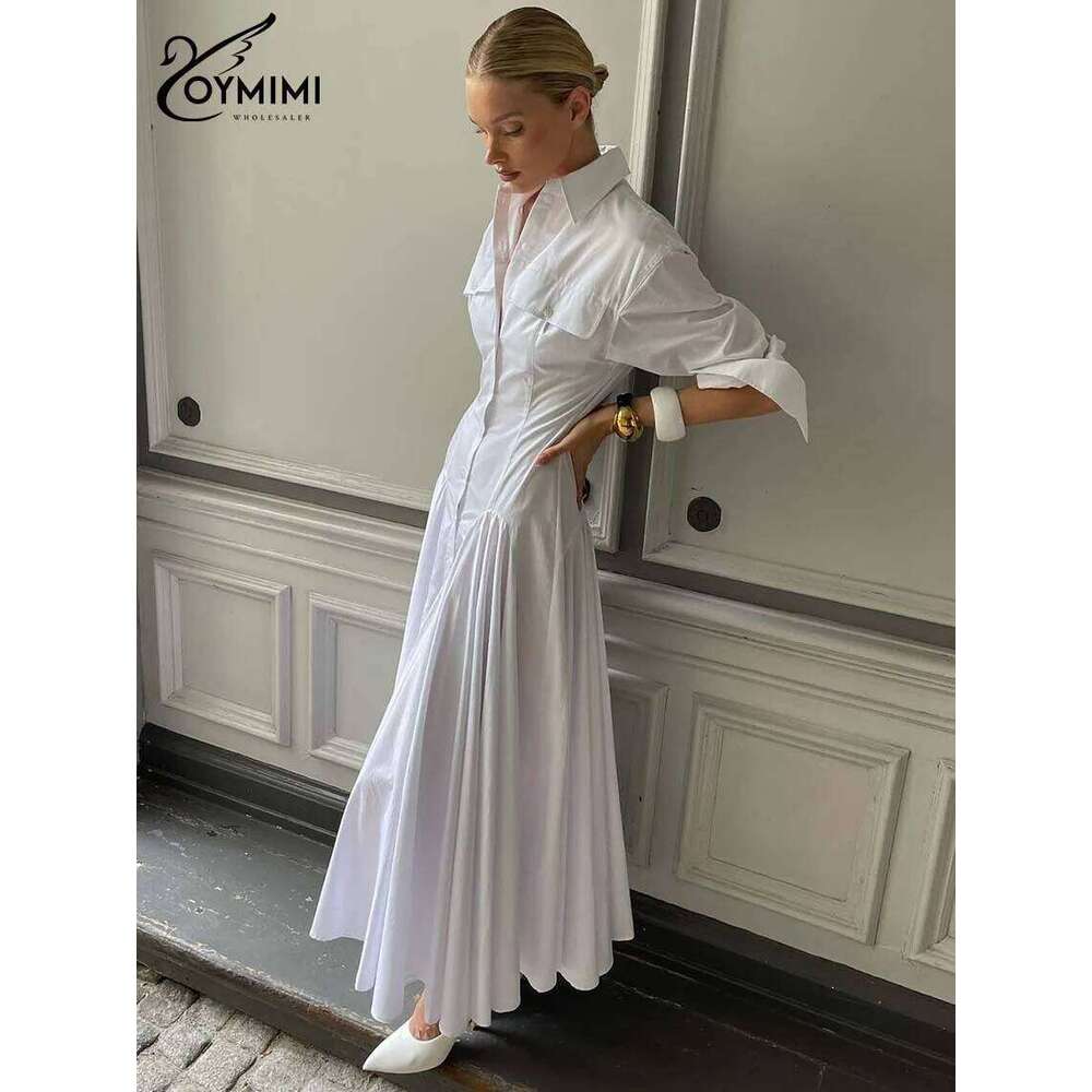 Oymimi Elegant White Lapel Women's Dress Fashion Three Quarter Sleeve Pockets Casual Button Pleated Ankle-Length Dresses XJ260130