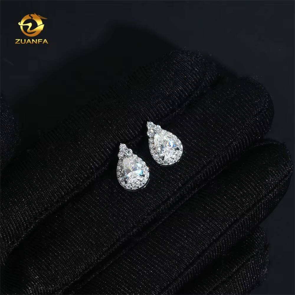 New Arrivals Hip Hop Halo Design Earrings White Gold 925 Silver Drop Pear Shape Moissanite Earring