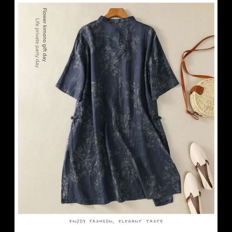 Women's Chinese Style Floral Print Linen Mandarin Collar Loose Fit Short Sleeve Midi Dress