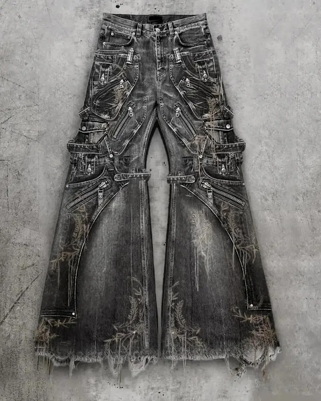 Streetwear Goth Punk MultiPocket Cargo Jeans Mens Black Distressed Flared Denim Pants with Straps Zippers Studs Frayed Edges 260127