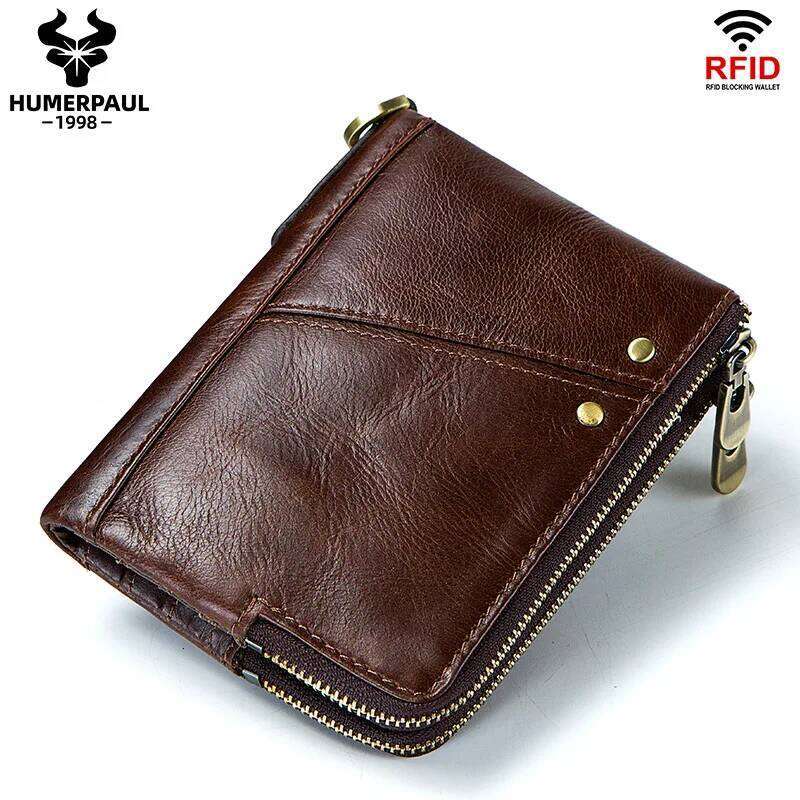 RFID Card Holder Wallet for Men Genuine Leather Small Money Bag Luxury Double Zipper Coin Pocket Quality Male Clutch Carteira Z260130