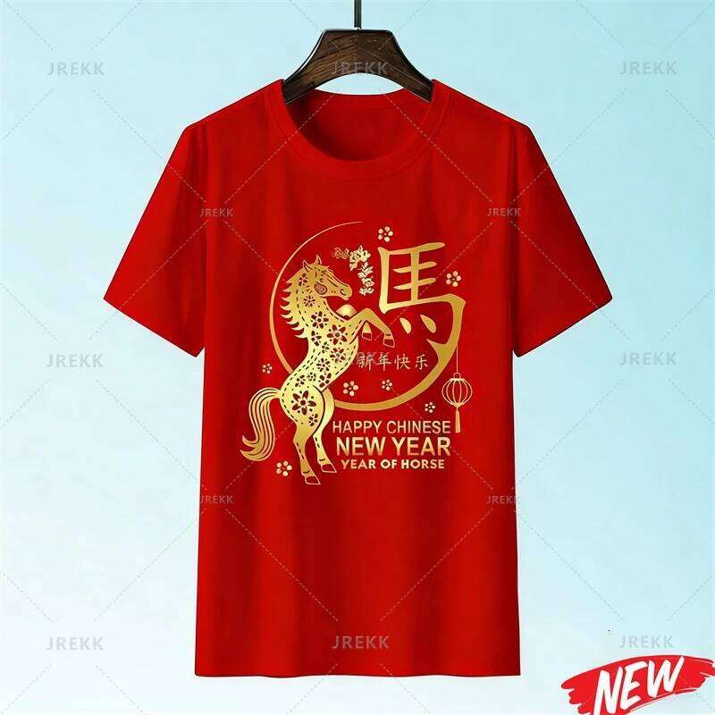 Red Color Chinese Horse T shirt For Men Women Happy New Year Round Neck Tee Shirts Polyester Family Short Sleeves luanyun