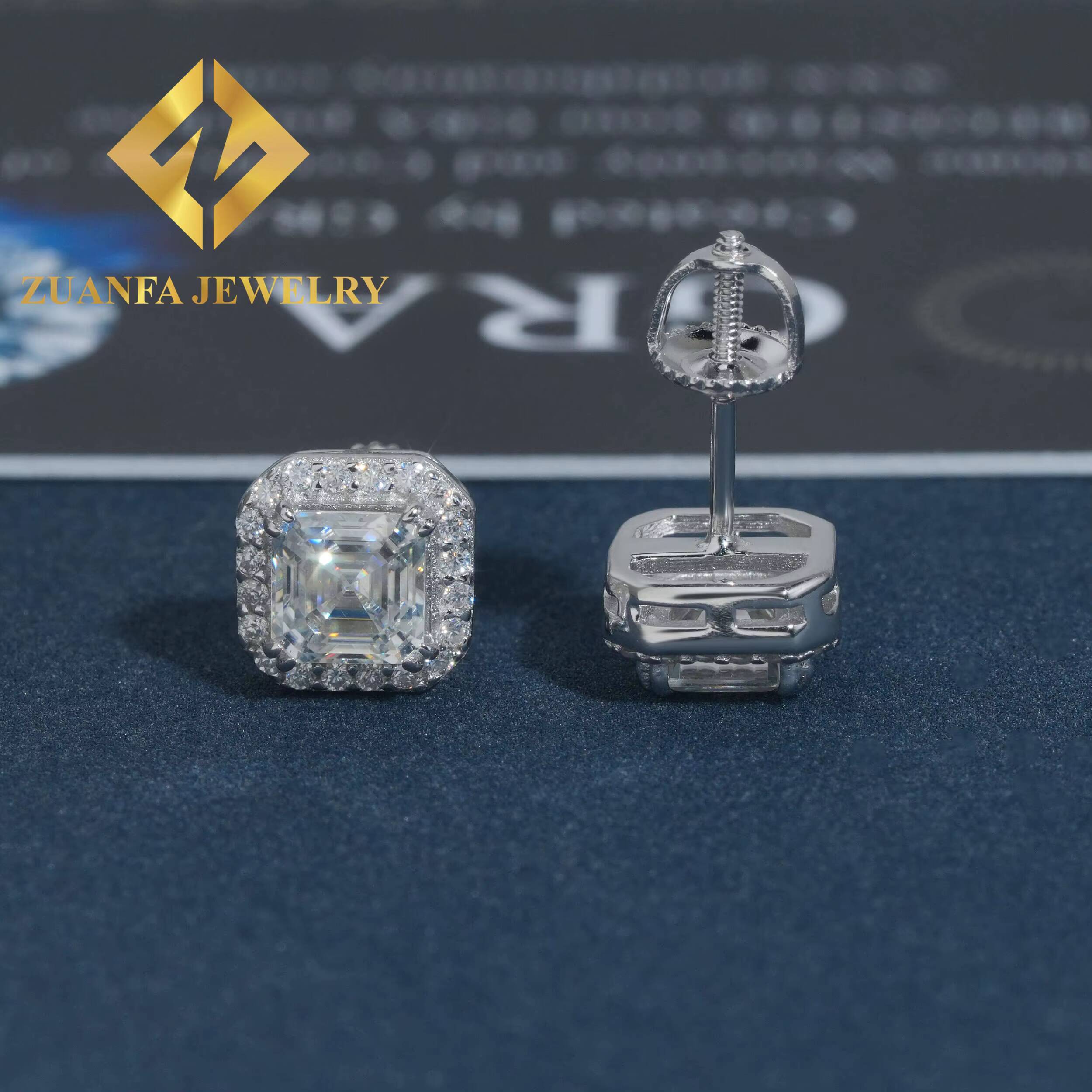 Wholesale Price GRA Certificates Square Halo Stud Earring Hip Hop 925 Sterling Silver Moissanite Luxury Stud Earring