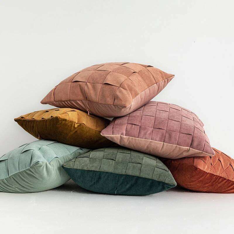Nordic Plaid Woven Cover Corduroy Oblique Line Hand-woven Pillowcase Pink Green Light Luxury Sofa Decor Cushion Covers