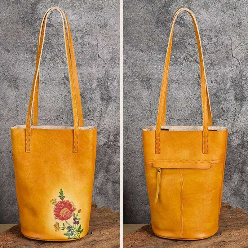 Vintage Women S Shoulder Crossbody Bags Genuine Leather Handmade Bucket Bag First Layer Cowhide Retro Printing Handbag KABAHEBINGJUE