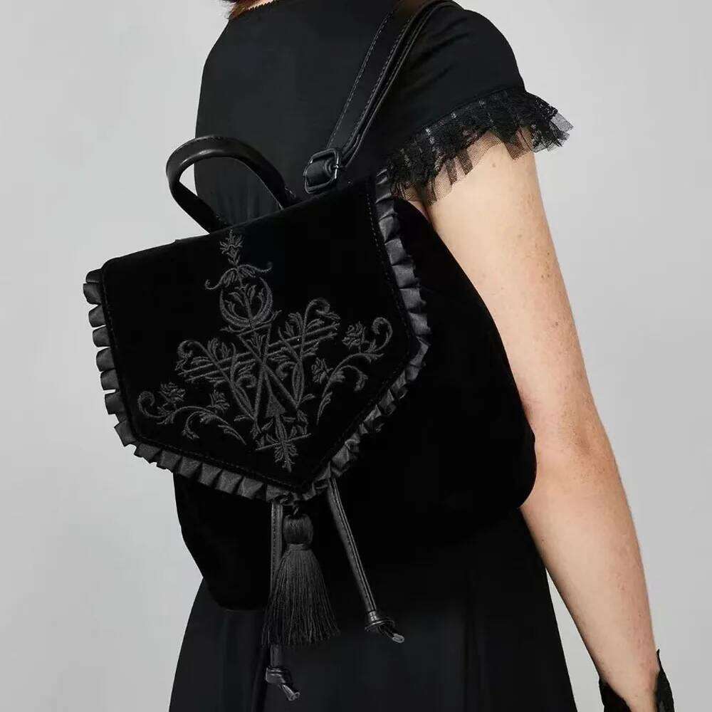 Annmouler Witch Harajuku Magic Embroidery Black Gothic Velvet Dark Punk Rock Style Ladies Backpack Travel Bag