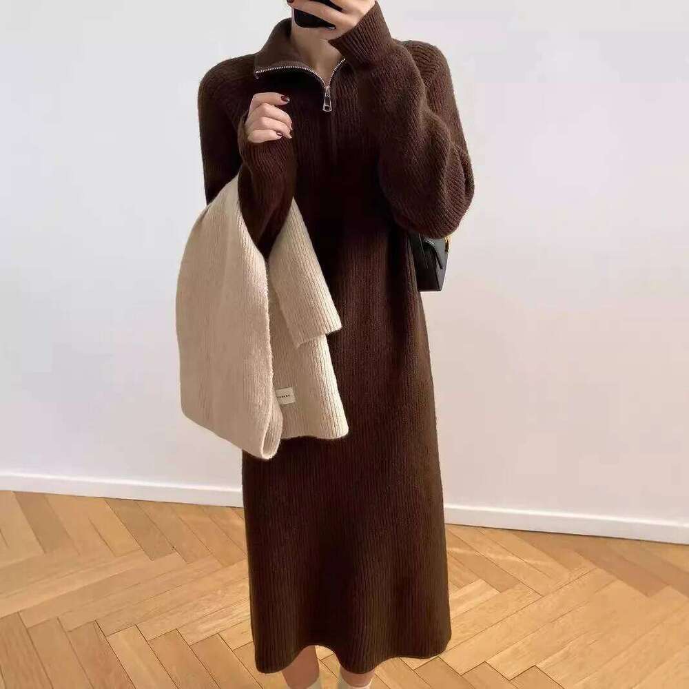 Autumn Winter Women's Zipper Lapel Knitted Dress High Necked Woolen Straight Long Sleeved Bottom Dresses XJ260130