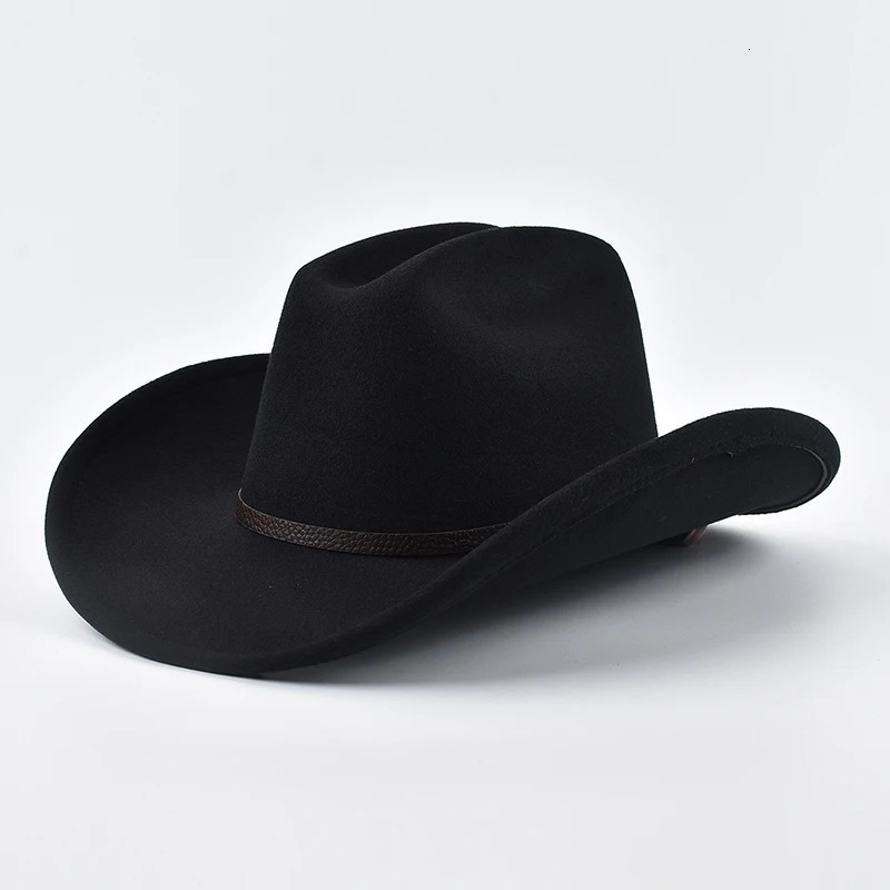 Unisex Western Cowboy Hat With Leather Vintage Big-edge Gentleman Cowgirl Jazz Hat Cloche Church Sombrero Hombre Caps 260120
