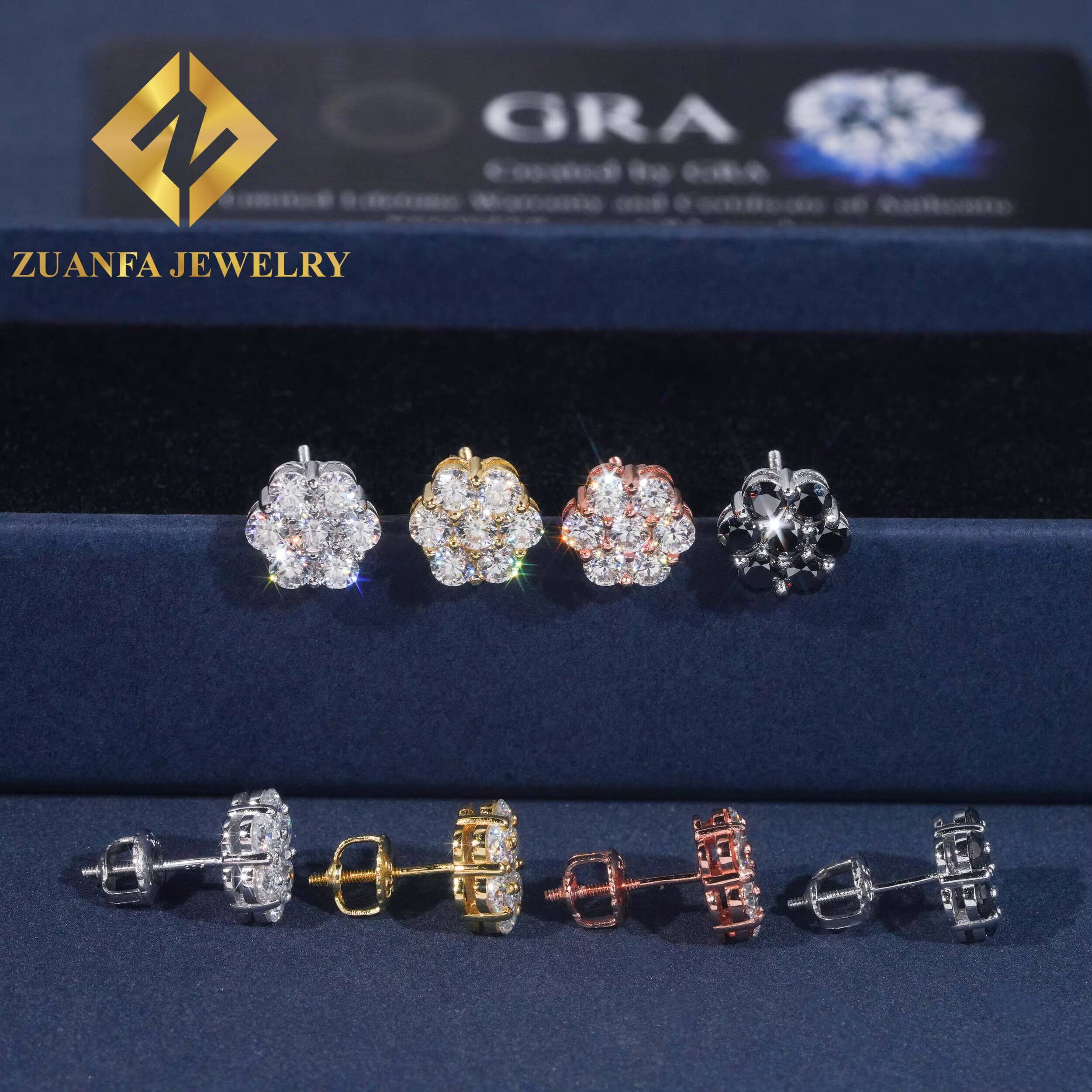 Wholesale Price Hip Hop Sun Flower Design Ice Out Moissanite Stud Earring 925 Sterling Silver Black VVS Moissanite Stud Earring