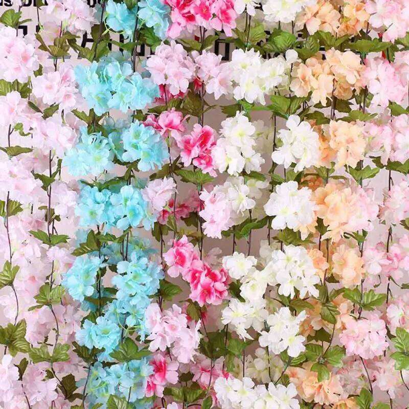 2.3M Artificial Flower Vine Garland with Green Leaves Pink Blue White Blooms for Outdoor Wall Party Decor Wedding Backdrop Fence W260130