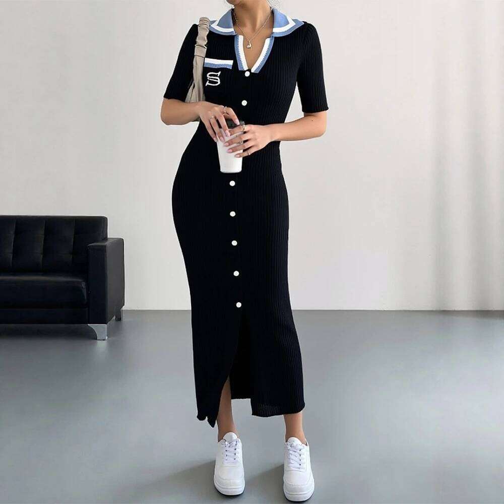 YuooMuoo Chic Sexy Wrap Hips Knitted Long 2026 New Brand Fashion Embroidery Single-breasted Shirt Dress Streetwear XJ260130