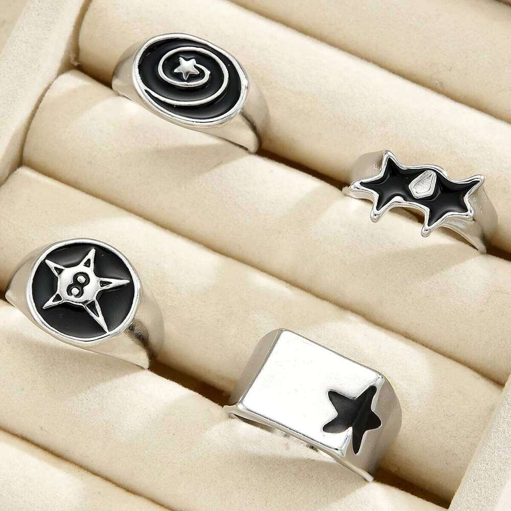 4 Pcs Punk Black Star Rings Set for Women Men Fashion HipHop Silver Color Geometric Thick Finger Ring Y2K Unisex Jewelry Gifts XJ260130