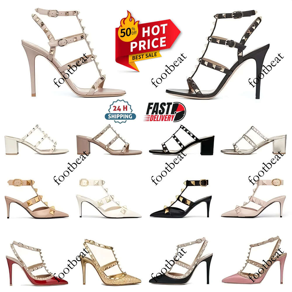Designer High Sandal With Box Dress Shoes Ankle Strap Roman Studs Black Nude Strip stiletto Peep-Toe Point Toe Rivets Womens Party Wedding Stiletto Block Heel