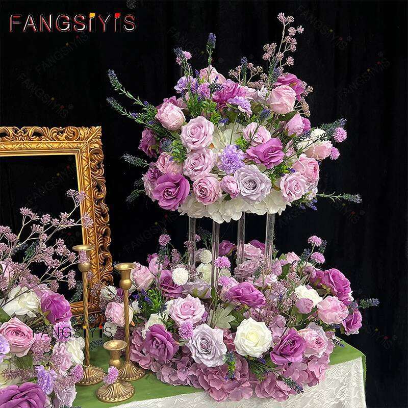 Purple Rose Artificial Flower Row runner NEW Luxury Wedding Table Centerpiece flower ball wreath Backdrop Decor Party Stage prop W260130