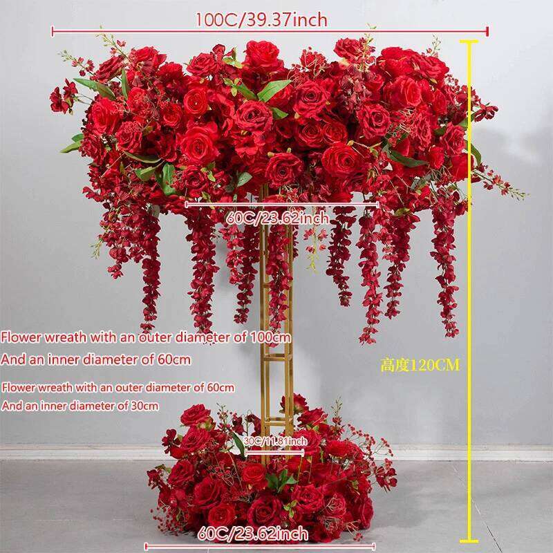 Luxury White Red Floral Arrangement Wreath Decor Wedding Table Centeriece Golden Stand Arch Flower String Runner Event Props Y260130