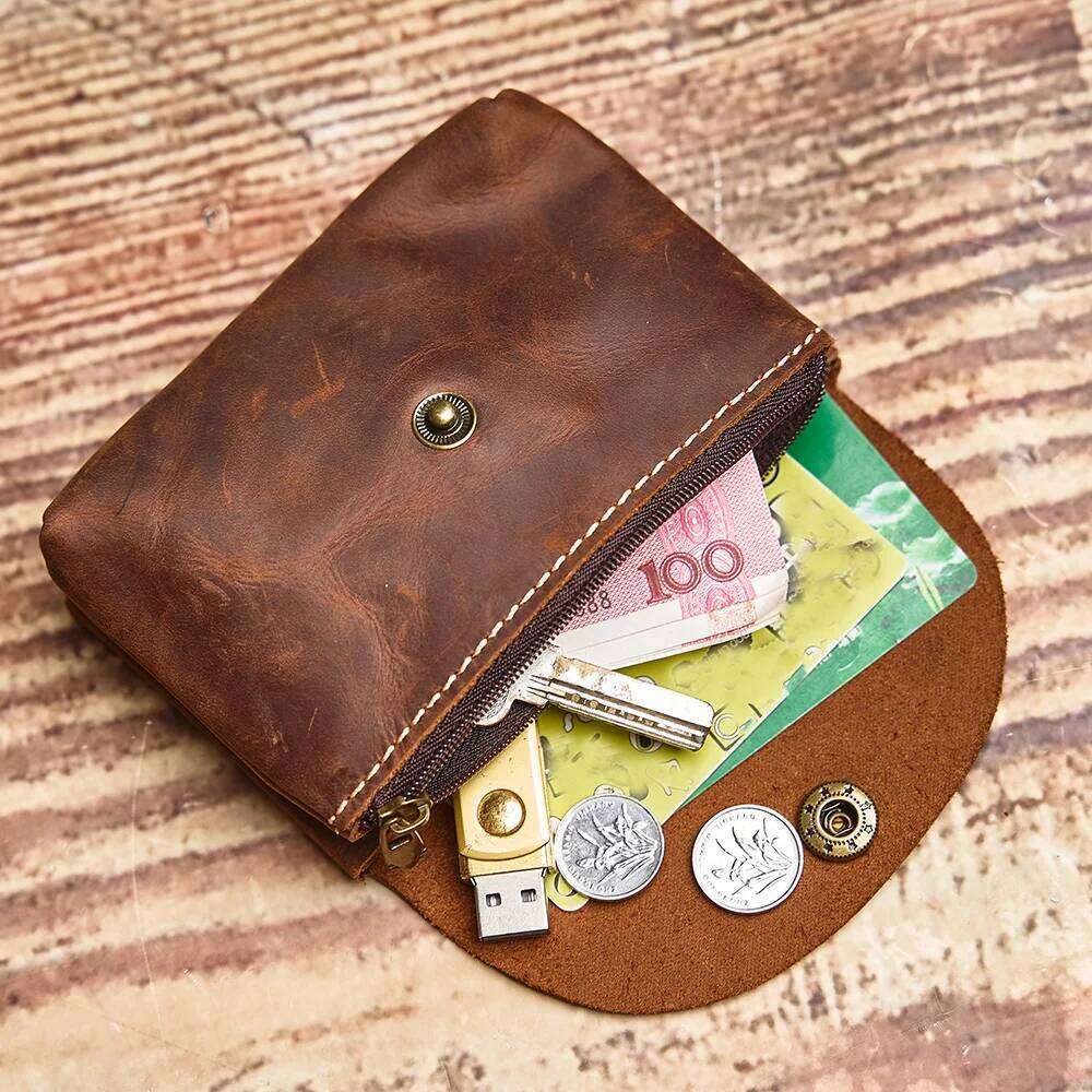 NUPUGOO Genuine Leather Retro Purse Men's Double Wallet Small Card Men And Women Universal Coin Key Bag Z260130