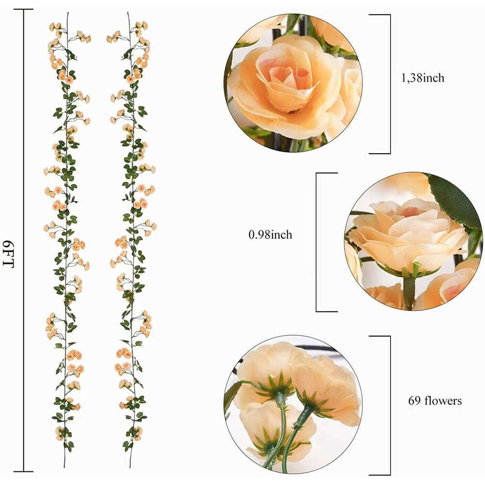 2PCS 69 Heads Fake Vine Flowers Plants Artificial Flower Hanging Rose Wedding Party Garden Craft Art Dcor White Champagne Y260130