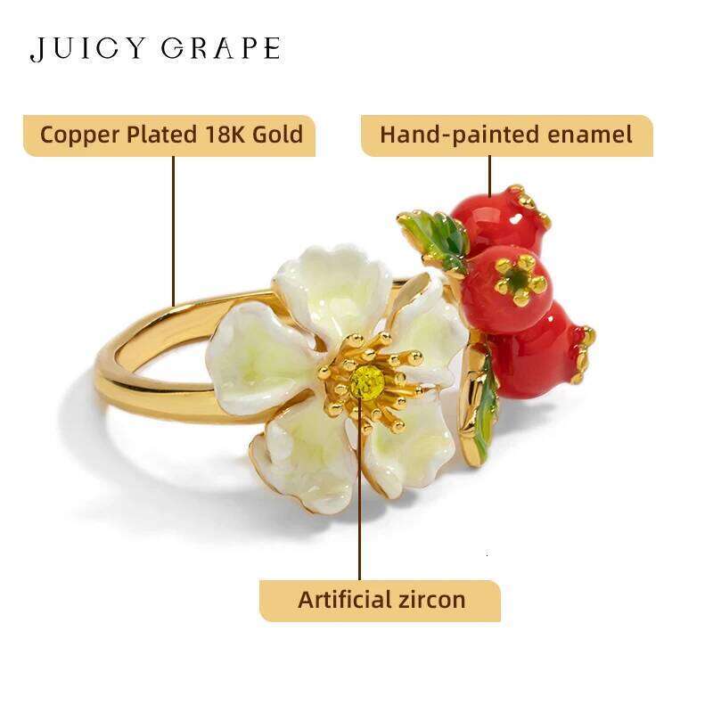 Luxury Enamel Rings for Women Hawthorn Flower and Fruit Adjustable Ring Handcrafted 18K Gold Plated 2024 Trend Jewelry XJ260130