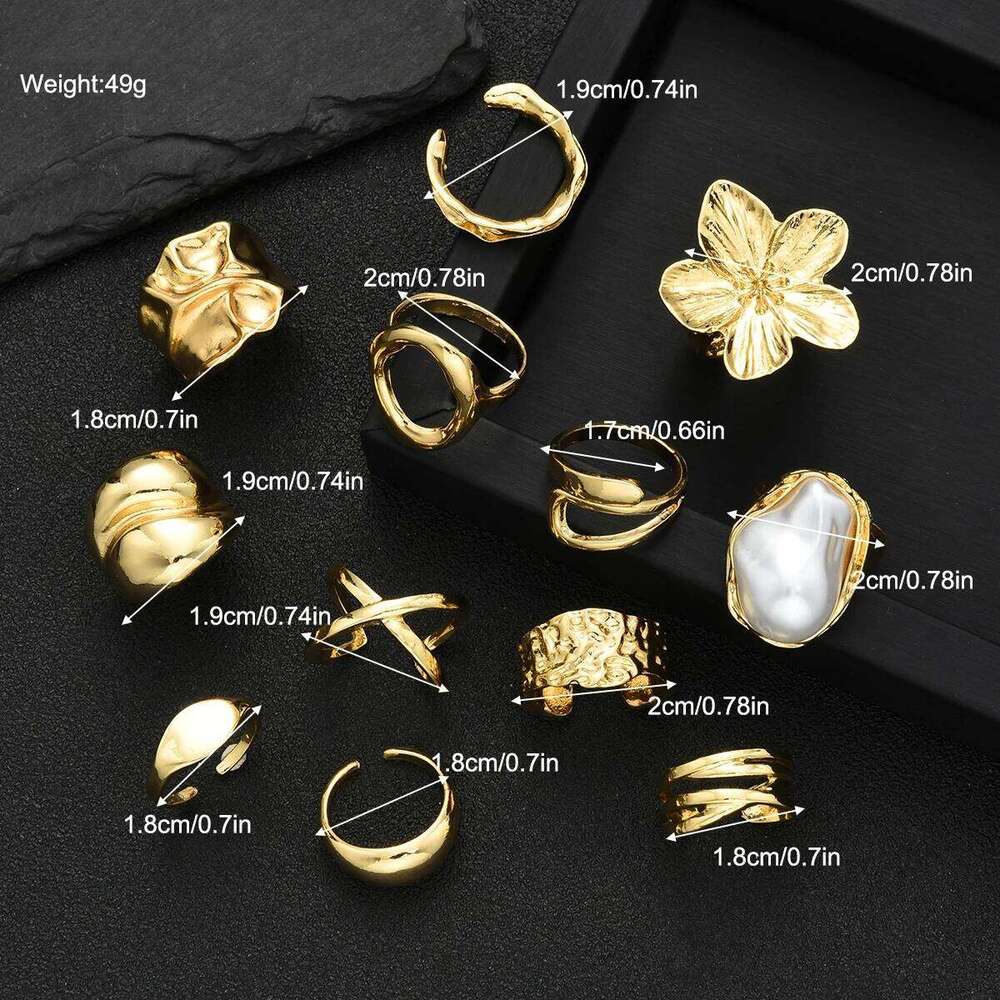 12 Pcs Irregular Gold Color Flower Opening Set for Women Bohemian Imitation Pearl Geometric Rings Holiday Jewelry Gift New XJ260130