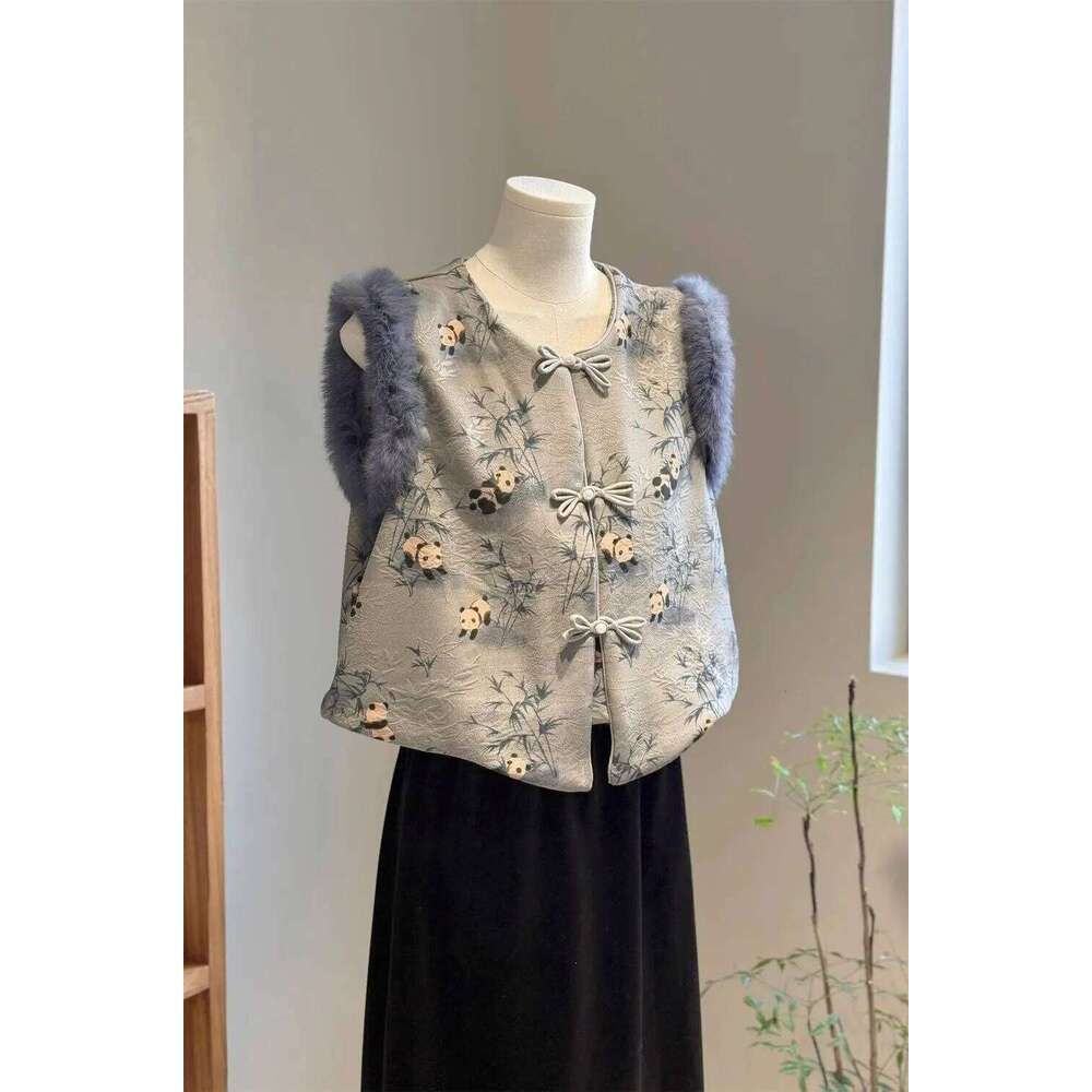 cute panda bamboo printing retro winter warm faux rabbit fur chinese vest fashionable temperament women s singlet