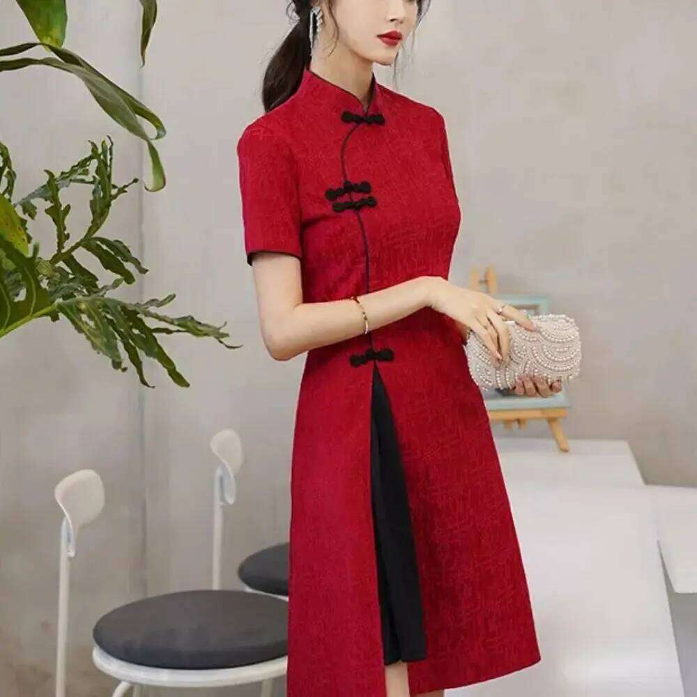 Fashion 2026 Stand Collar Short Sleeve Qipao Long Fork Vintage Traditional Chinese Dress China-Chic Casual Cheongsam Women Designer