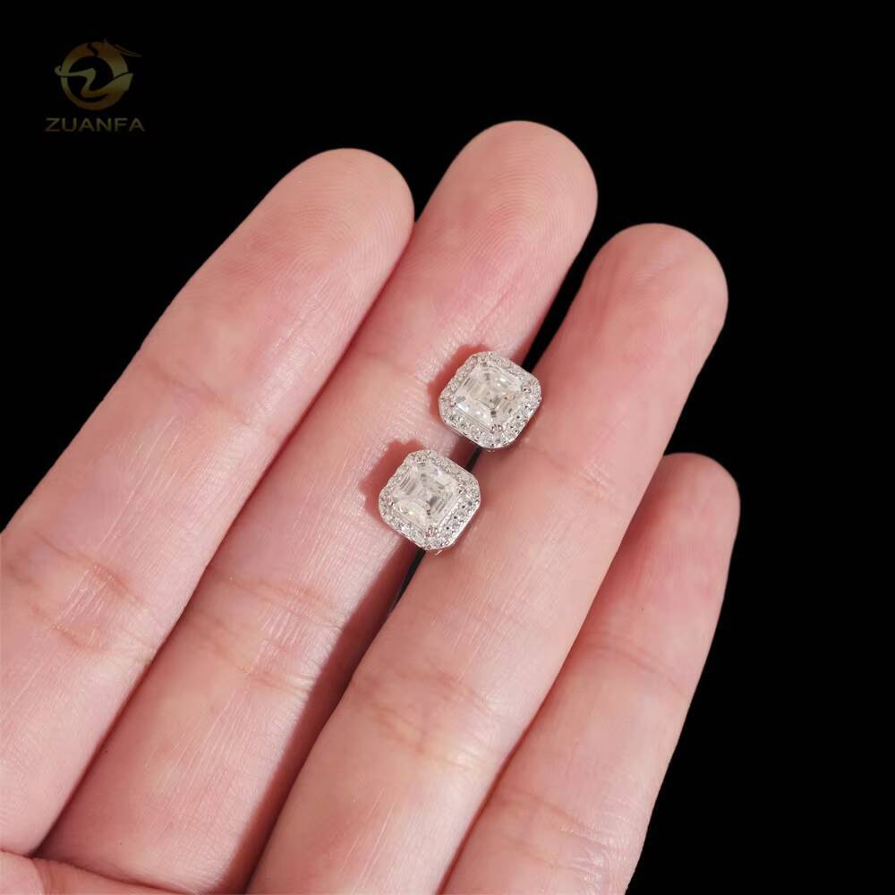 Luxury Halo Design Asscher Cut Stud 925 Sterling Silver Mens Hip Hop VVS Moissanite Earrings