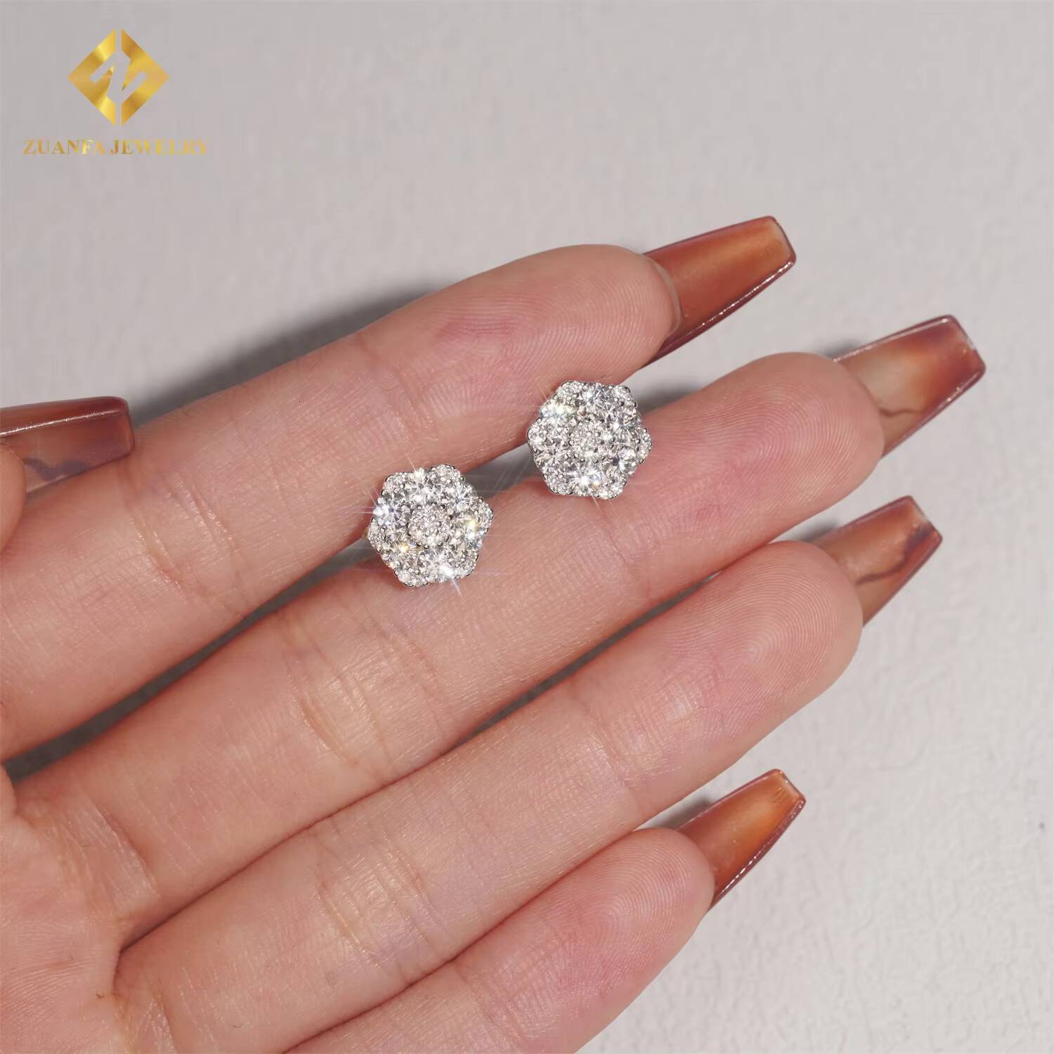 Fashion Jewelry VVS Iced Out Moissanite Earrings Flower Hip Hop Fashion Stud Earring 925 Sterling Silver VVS