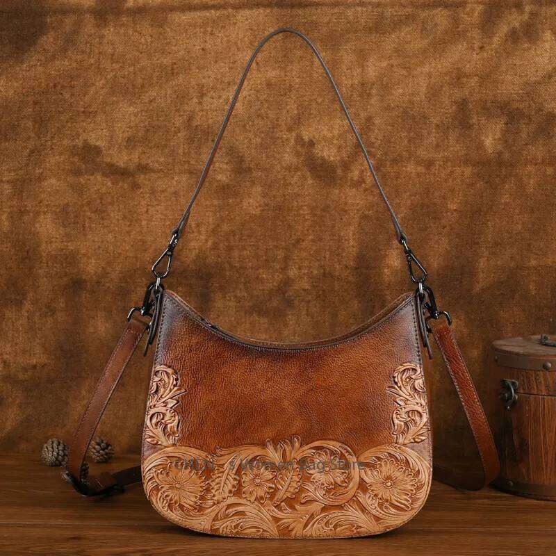 New Retro Embossed Shoulder Bags Genuine Leather Women S Bag Versatile Cowhide Handmade Handbag KABAHEBINGJUE