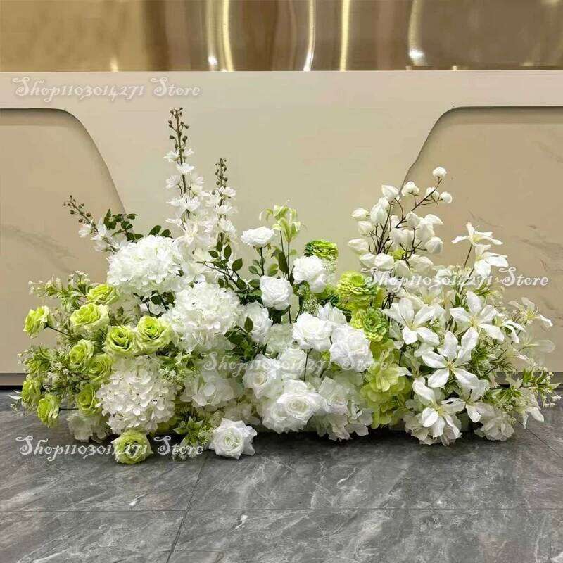 Green Leaf Silk Rose White Hydrangea Floor Flowers Row Wedding Table Floral Commercial Plaza Partition Hotel scene Layout Decor Y260130