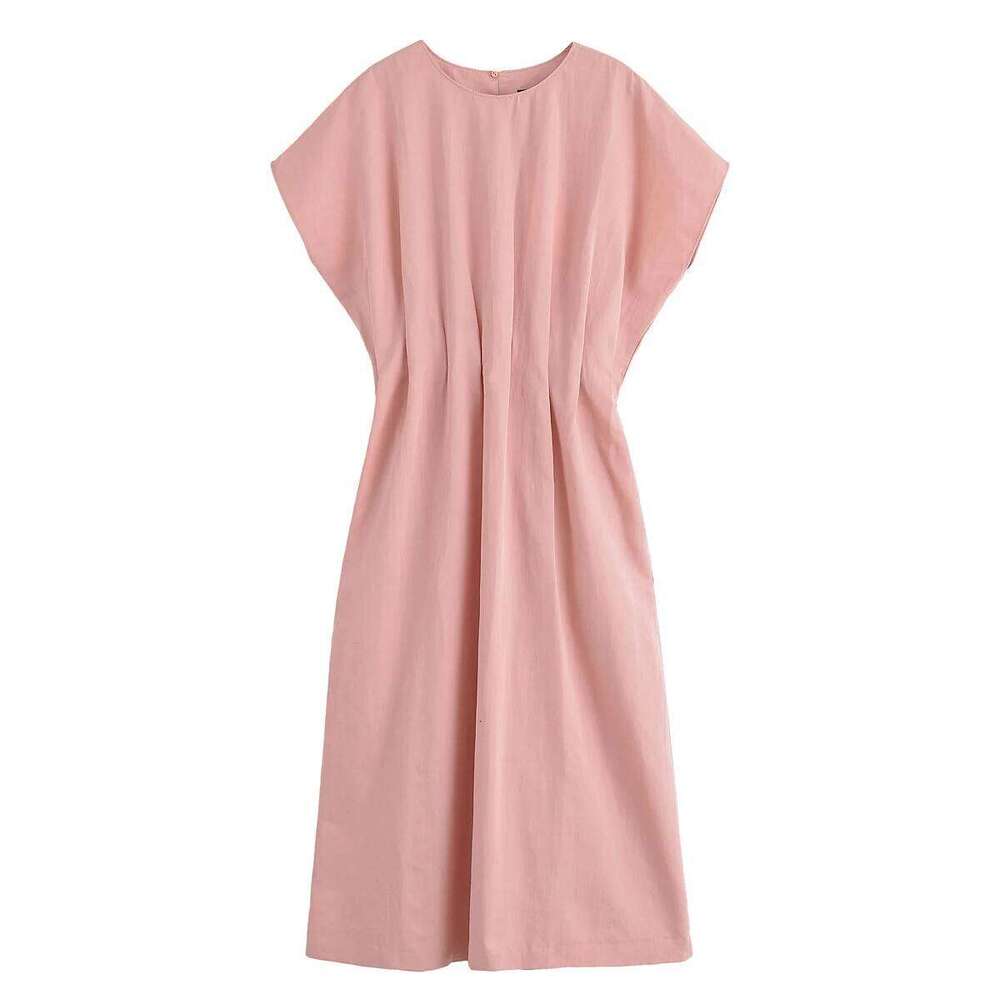 2025 Summer New Women's Clothing Round Neck Pleated Decorative Short Sleeve Slim Long Skirt Midi Dress XJ260130