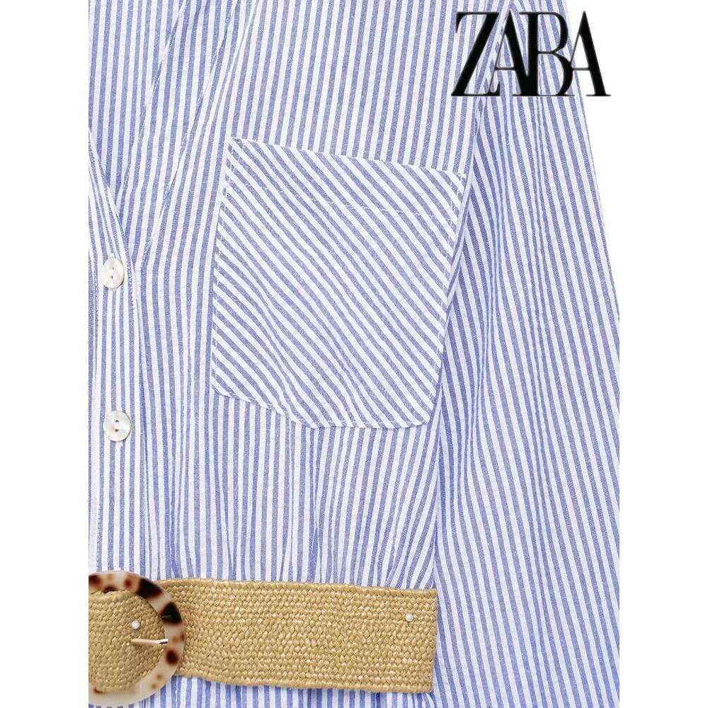 Women's Belted Single Breasted Sleeve Shirt Blue Striped Lapel Dress Street Elegant Commuter Long Dresses XJ260130